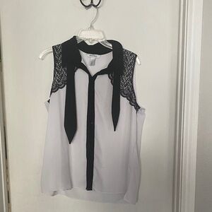 White House Black Market Black and White Lace Blouse Pussybow
